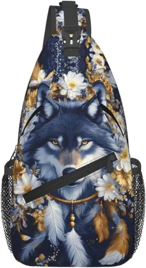 Dreamcatcher and Wolf Crossbody Bag with Abstract Picture Fitness Sports Travel Hiking Backpack Cute Animal Print Chest Bag Shoulder Bag for Women and Men