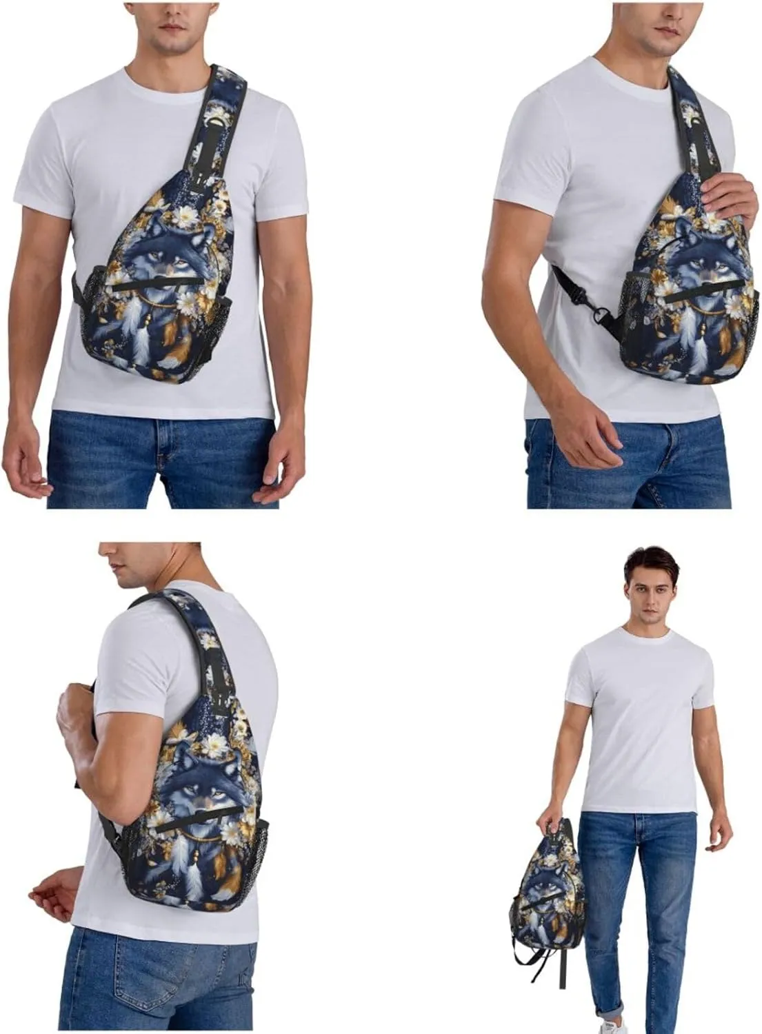 Dreamcatcher and Wolf Crossbody Bag with Abstract Picture Fitness Sports Travel Hiking Backpack Cute Animal Print Chest Bag Shoulder Bag for Women and Men