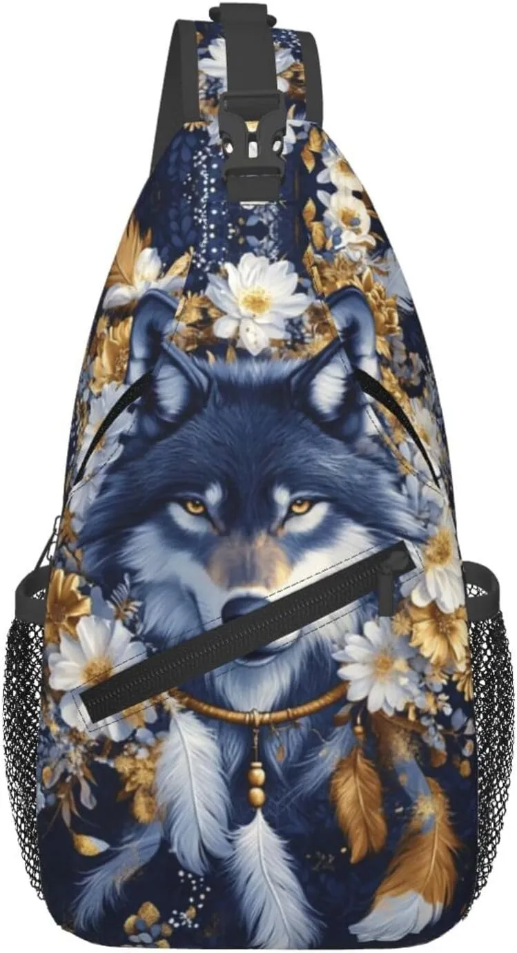 Dreamcatcher and Wolf Crossbody Bag with Abstract Picture Fitness Sports Travel Hiking Backpack Cute Animal Print Chest Bag Shoulder Bag for Women and Men