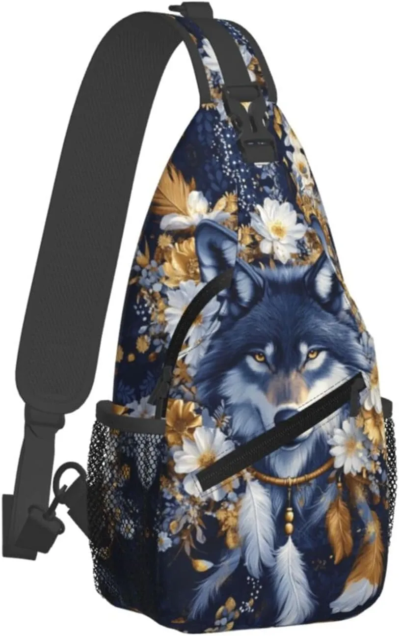 Dreamcatcher and Wolf Crossbody Bag with Abstract Picture Fitness Sports Travel Hiking Backpack Cute Animal Print Chest Bag Shoulder Bag for Women and Men