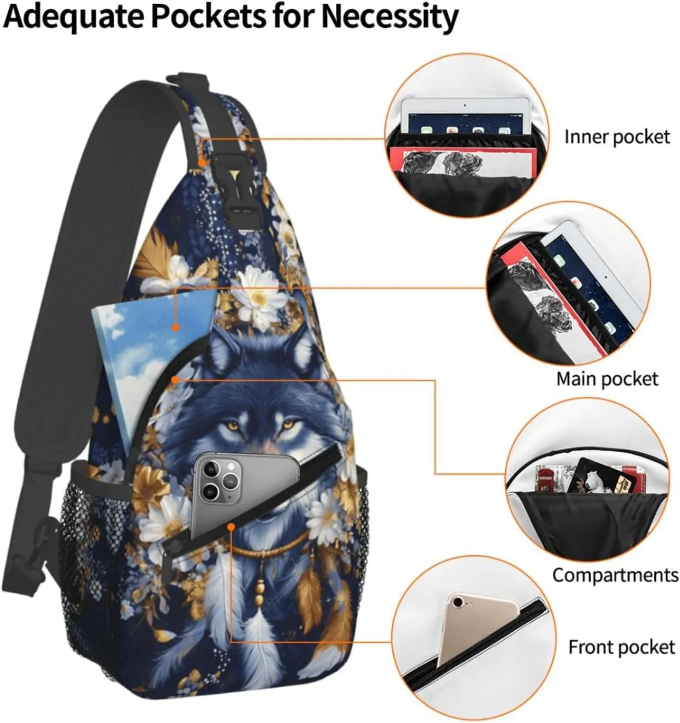 Dreamcatcher and Wolf Crossbody Bag with Abstract Picture Fitness Sports Travel Hiking Backpack Cute Animal Print Chest Bag Shoulder Bag for Women and Men