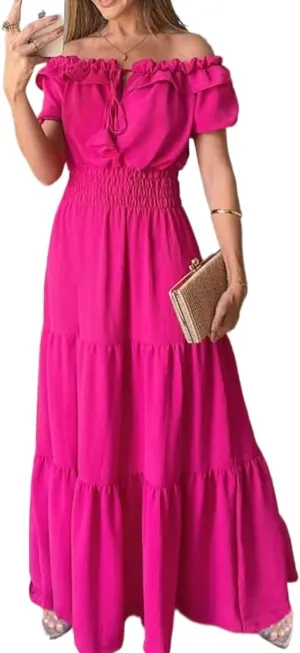 Dress with Puffed Sleeves Fashionable Lacing Halter Neckline Pure Color Large Skirt with Lotus Leaf Edge