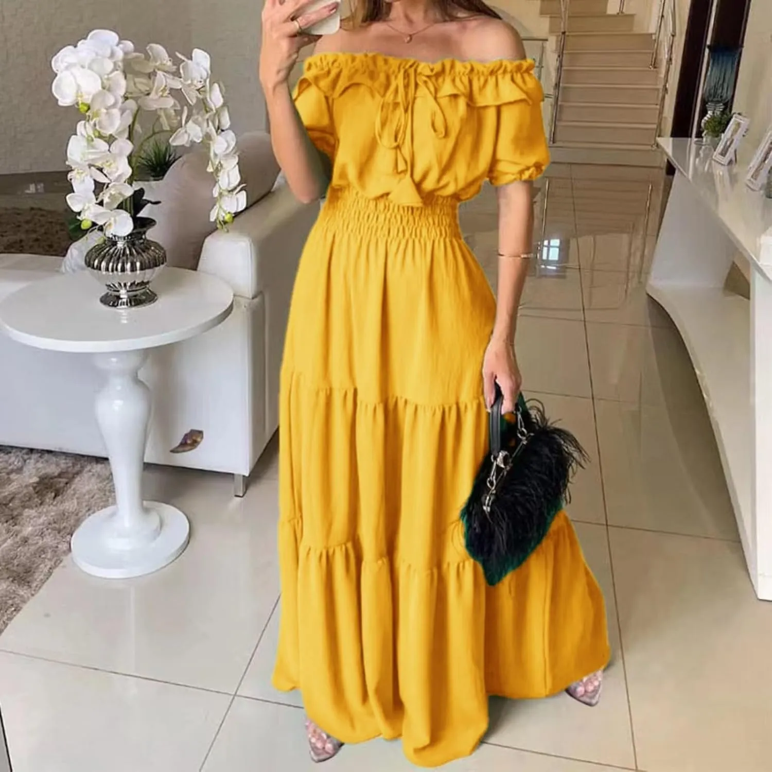 Dress with Puffed Sleeves Fashionable Lacing Halter Neckline Pure Color Large Skirt with Lotus Leaf Edge