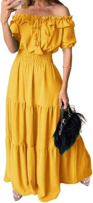Dress with Puffed Sleeves Fashionable Lacing Halter Neckline Pure Color Large Skirt with Lotus Leaf Edge