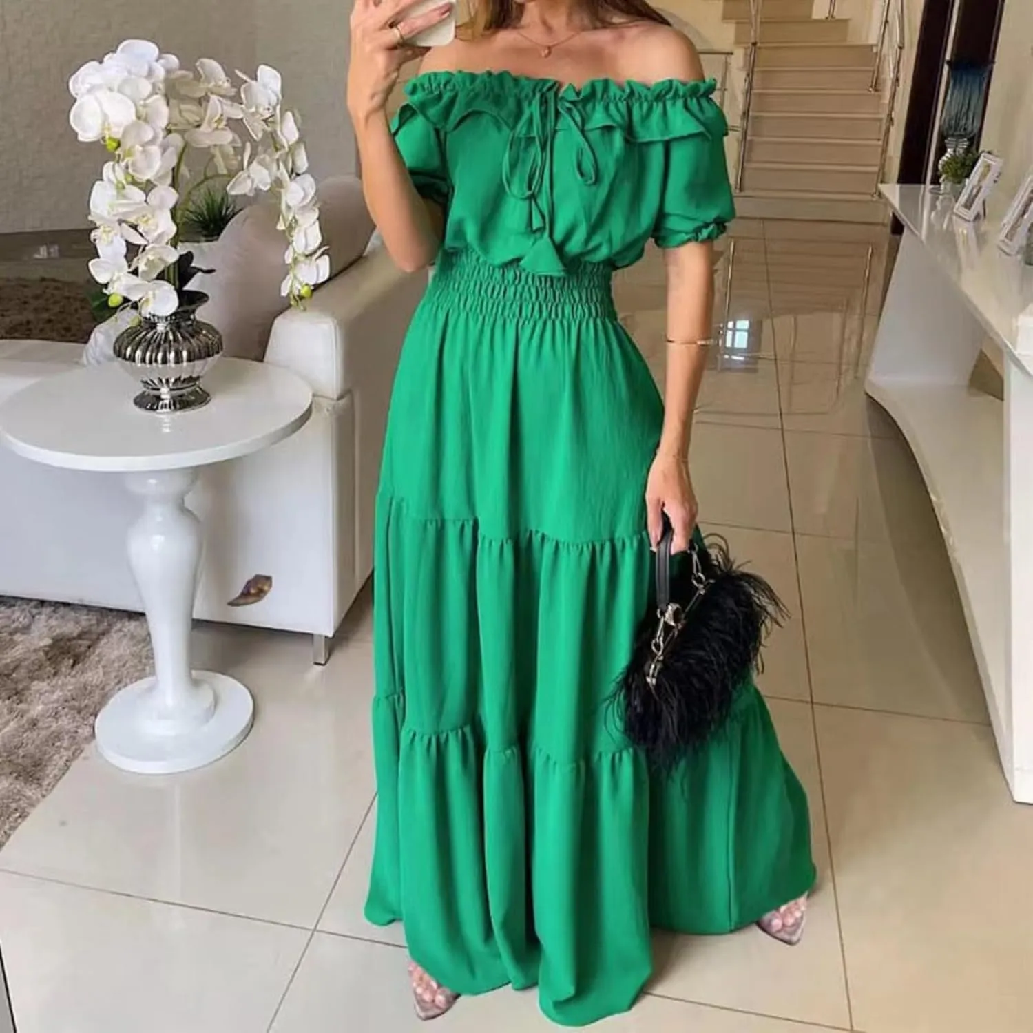 Dress with Puffed Sleeves Fashionable Lacing Halter Neckline Pure Color Large Skirt with Lotus Leaf Edge