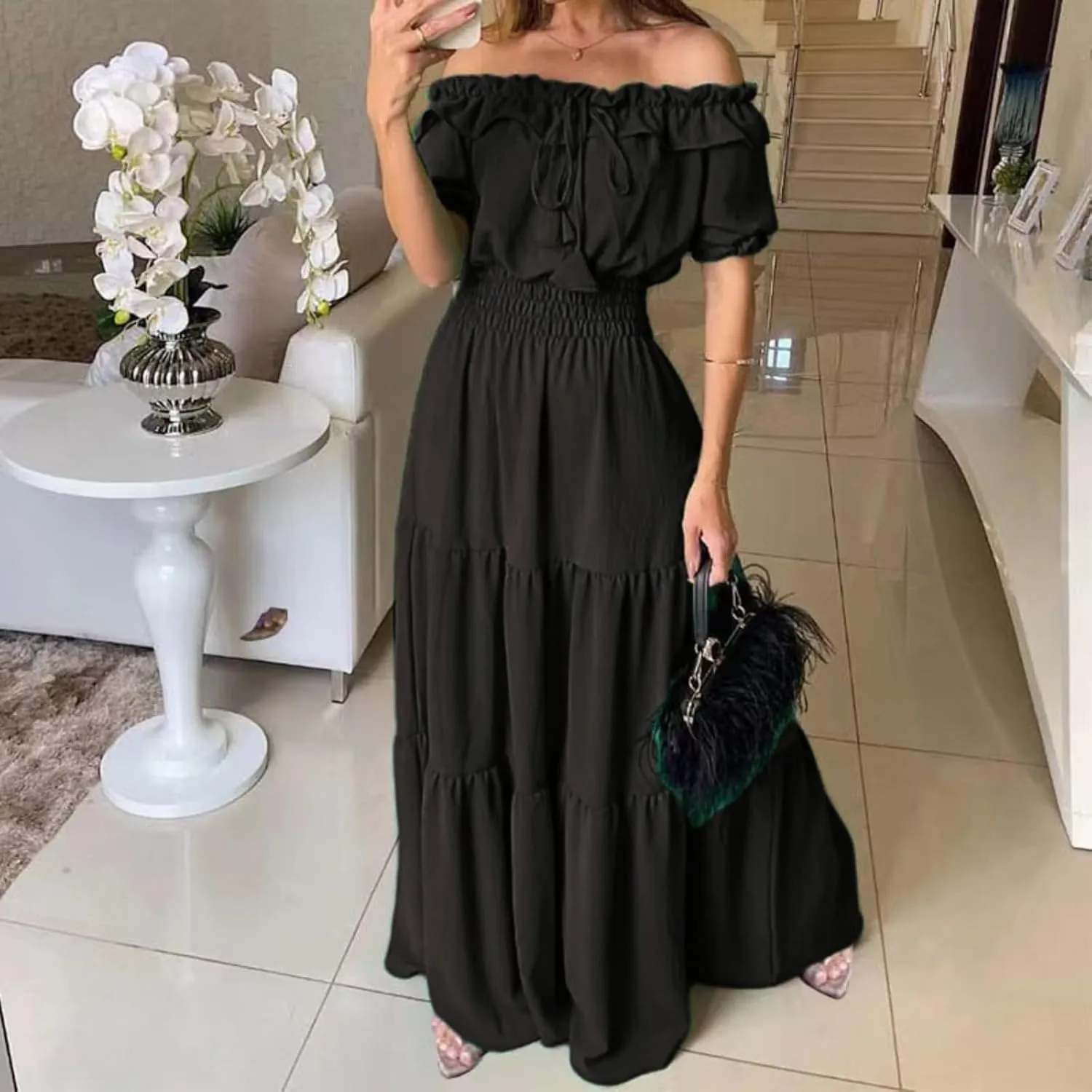 Dress with Puffed Sleeves Fashionable Lacing Halter Neckline Pure Color Large Skirt with Lotus Leaf Edge