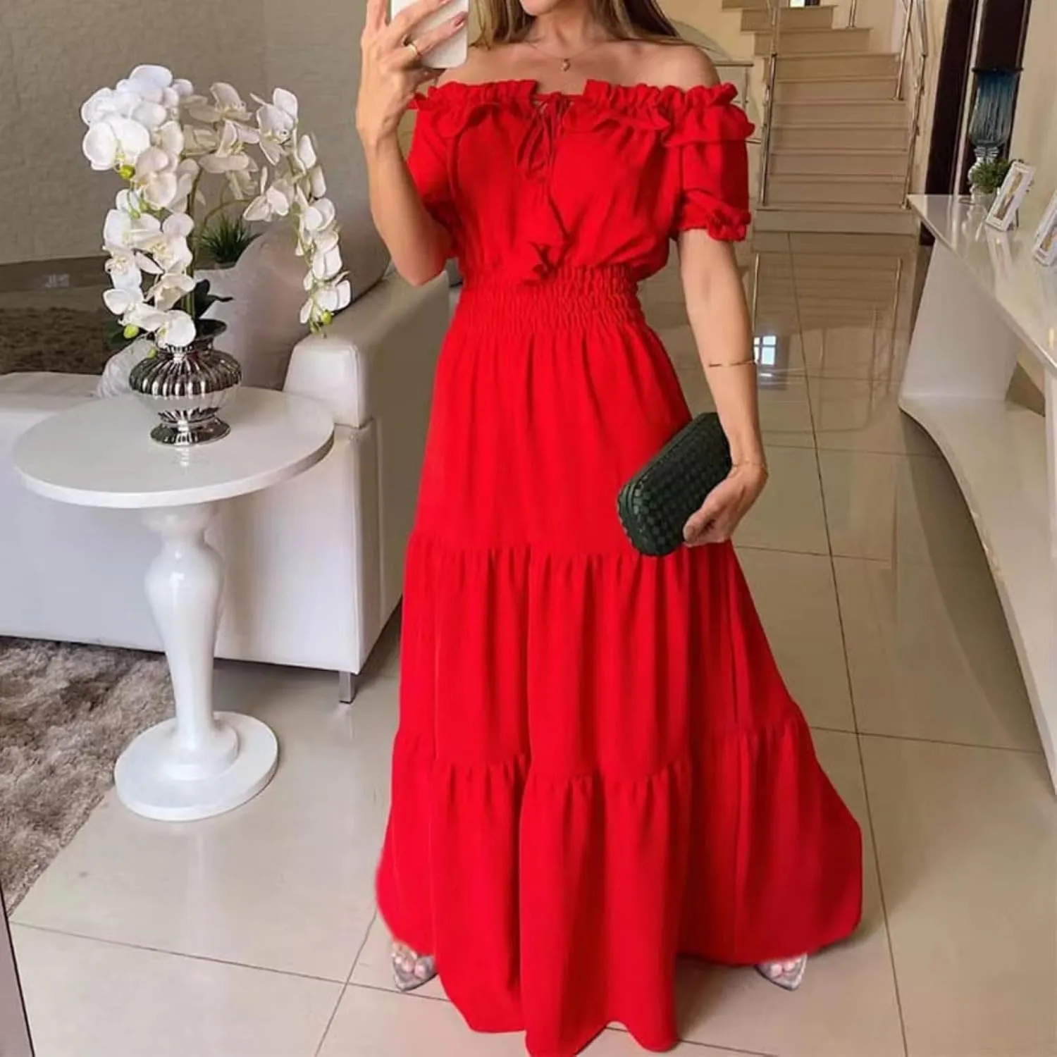 Dress with Puffed Sleeves Fashionable Lacing Halter Neckline Pure Color Large Skirt with Lotus Leaf Edge