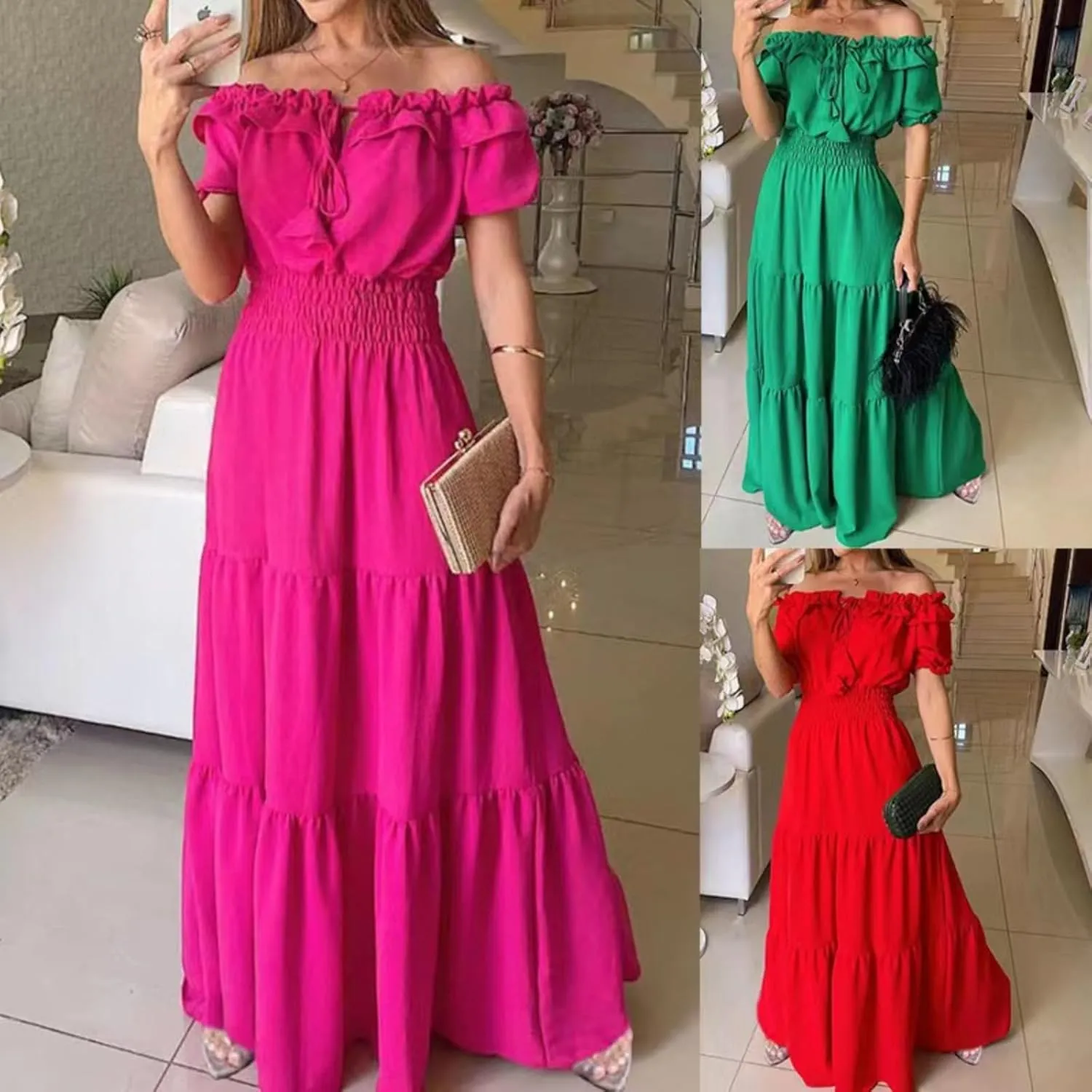 Dress with Puffed Sleeves Fashionable Lacing Halter Neckline Pure Color Large Skirt with Lotus Leaf Edge