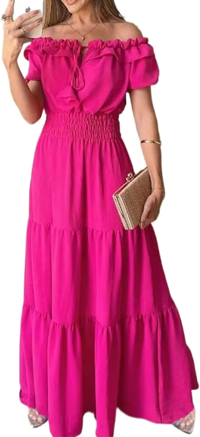 Dress with Puffed Sleeves Fashionable Lacing Halter Neckline Pure Color Large Skirt with Lotus Leaf Edge