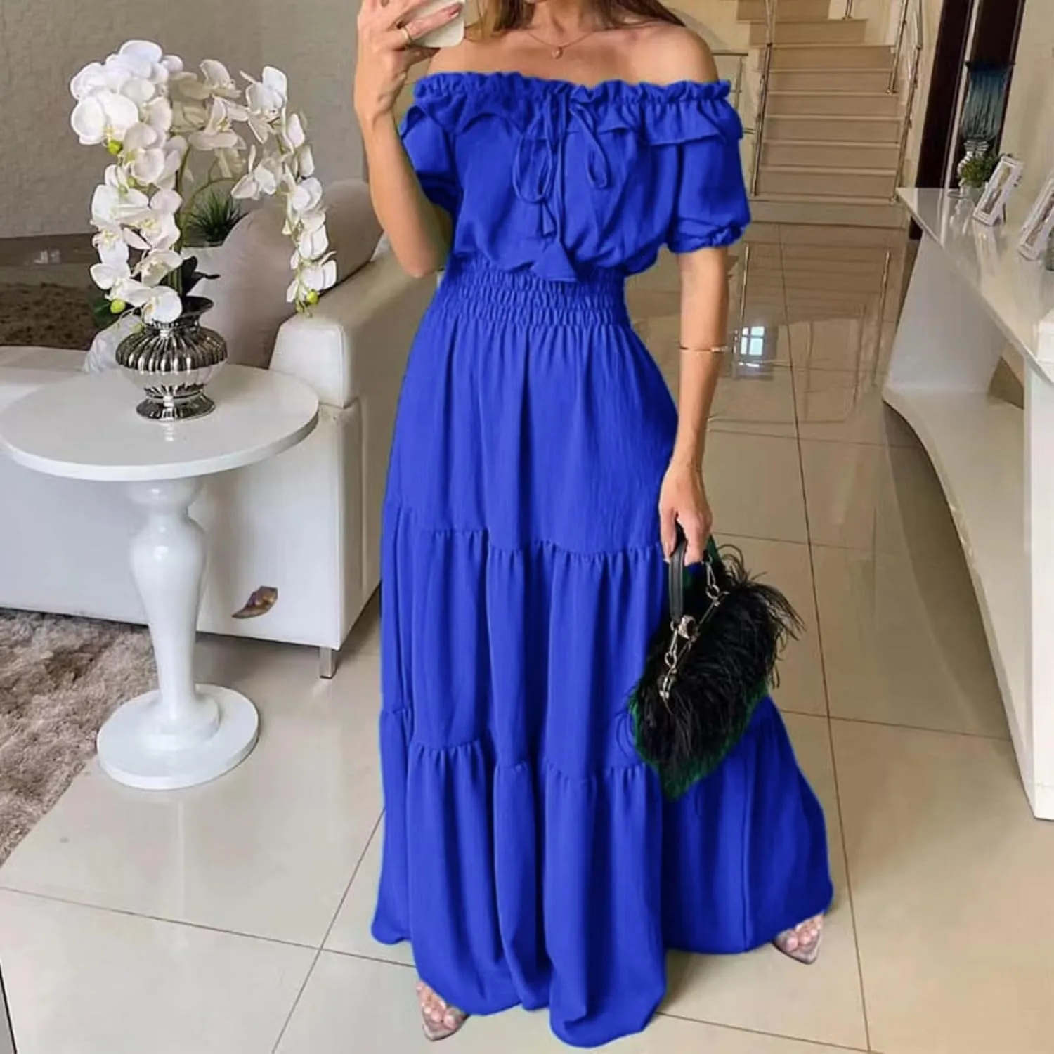 Dress with Puffed Sleeves Fashionable Lacing Halter Neckline Pure Color Large Skirt with Lotus Leaf Edge