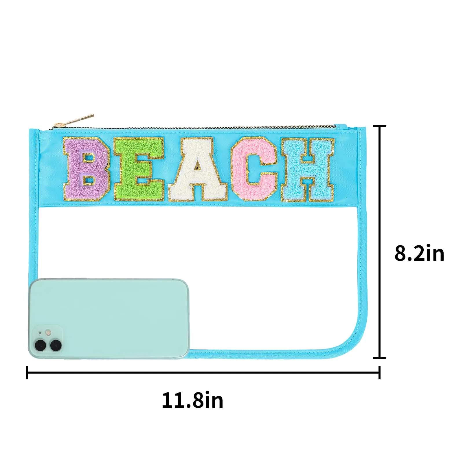 DYSHAYEN Glitter Letter Clear Zipper Pouch for Travel,Nylon Clear Cosmetic Stuff Bag,Makeup Travel Bag for Women Girls (Blue-Beach)