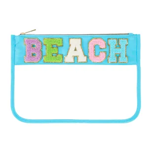DYSHAYEN Glitter Letter Clear Zipper Pouch for Travel,Nylon Clear Cosmetic Stuff Bag,Makeup Travel Bag for Women Girls (Blue-Beach)