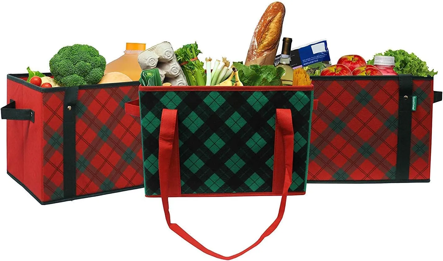 Earthwise Deluxe Collapsible Reusable Shopping Box Grocery Bag Set with Reinforced Bottom Plaid Holiday Xmas Christmas Design Storage Boxes Bins Cubes (Set of 3) (Holiday)