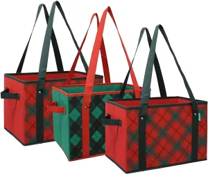 Earthwise Deluxe Collapsible Reusable Shopping Box Grocery Bag Set with Reinforced Bottom Plaid Holiday Xmas Christmas Design Storage Boxes Bins Cubes (Set of 3) (Holiday)