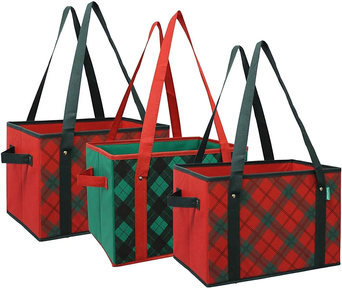 Earthwise Deluxe Collapsible Reusable Shopping Box Grocery Bag Set with Reinforced Bottom Plaid Holiday Xmas Christmas Design Storage Boxes Bins Cubes (Set of 3) (Holiday)