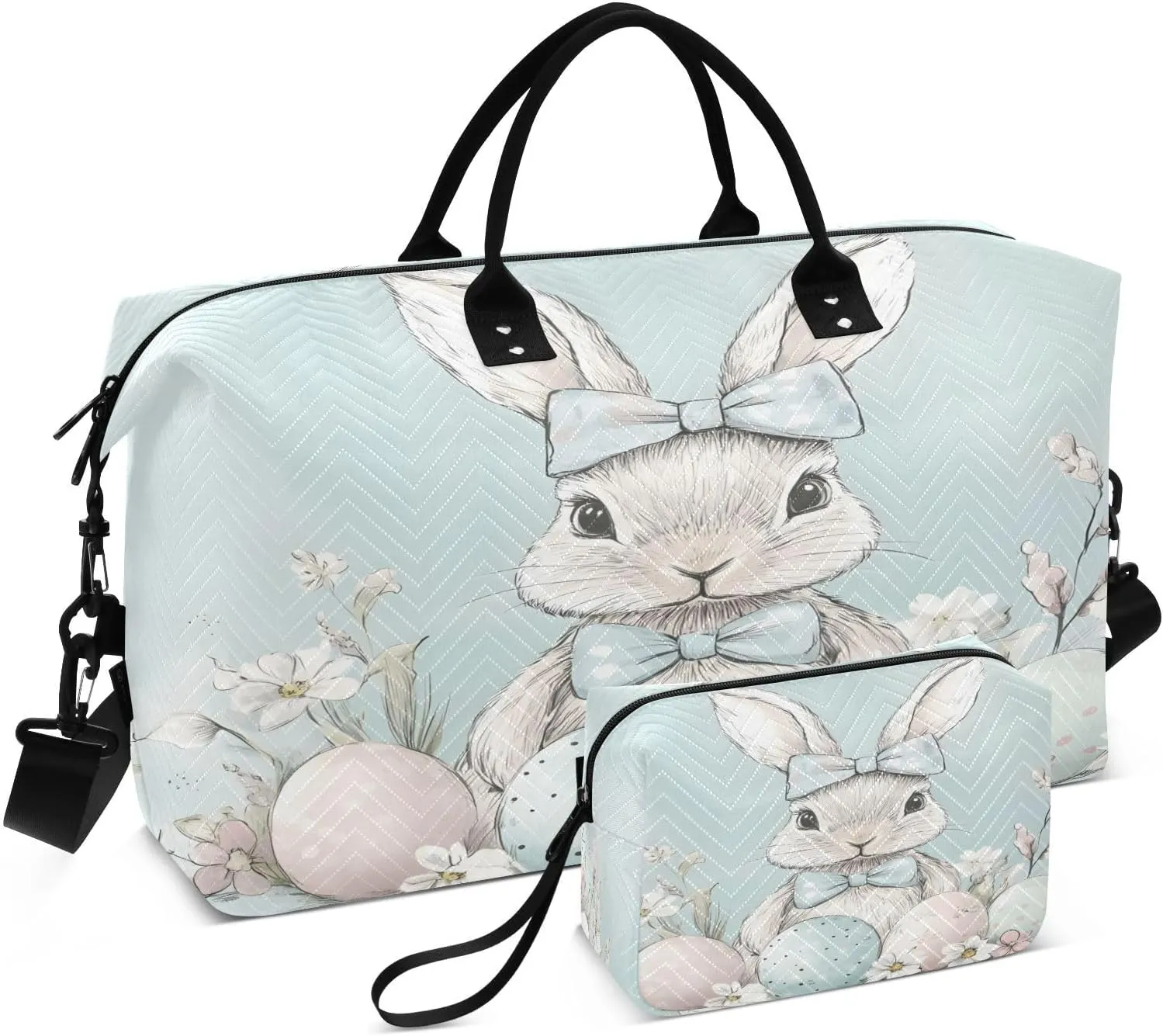 Easter Cute Rabbit and Egg Travel Duffel Bags 2PCS,Sports Duffel Bags for Men Women,Weekender Overnight Bag Gym Tote Bag with Toiletry Bag