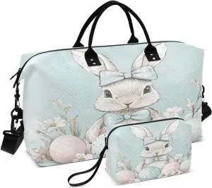 Easter Cute Rabbit and Egg Travel Duffel Bags 2PCS,Sports Duffel Bags for Men Women,Weekender Overnight Bag Gym Tote Bag with Toiletry Bag