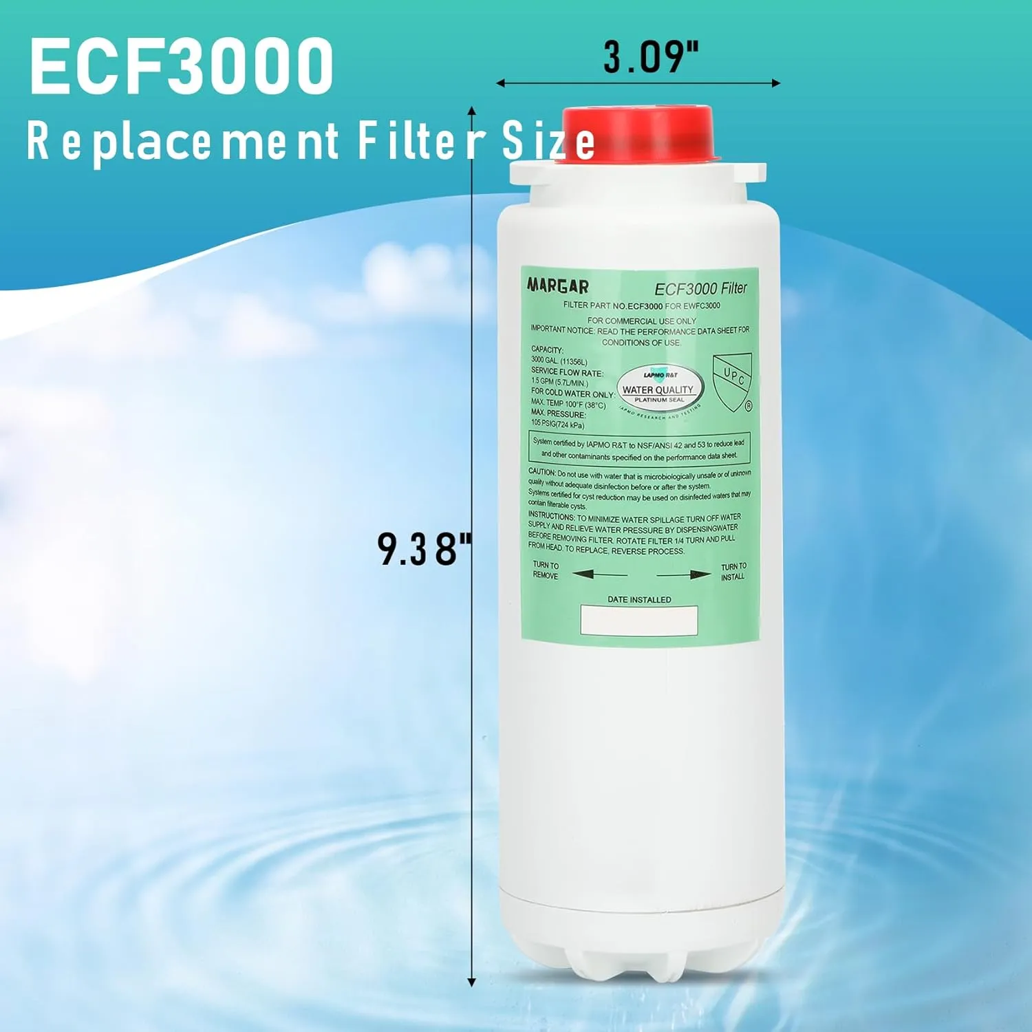 ECF3000 Filters, Compatible with Elkay ezH2O WaterSentry Plus Replacement, High Capacity 3000 Gallons for Built-in Elkay Water Dispenser 51300C ECF3000 ERF750 Filters Replacement (No Chip) 3 Packs