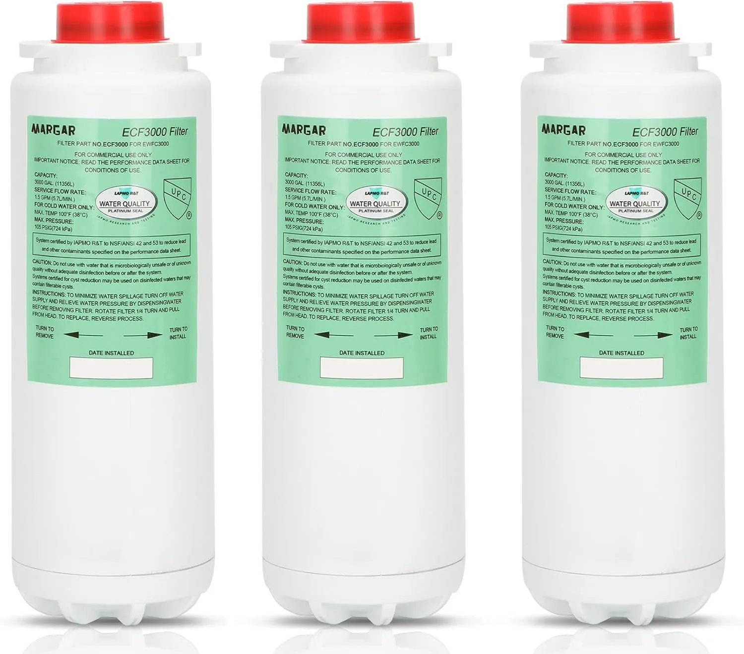 ECF3000 Filters, Compatible with Elkay ezH2O WaterSentry Plus Replacement, High Capacity 3000 Gallons for Built-in Elkay Water Dispenser 51300C ECF3000 ERF750 Filters Replacement (No Chip) 3 Packs