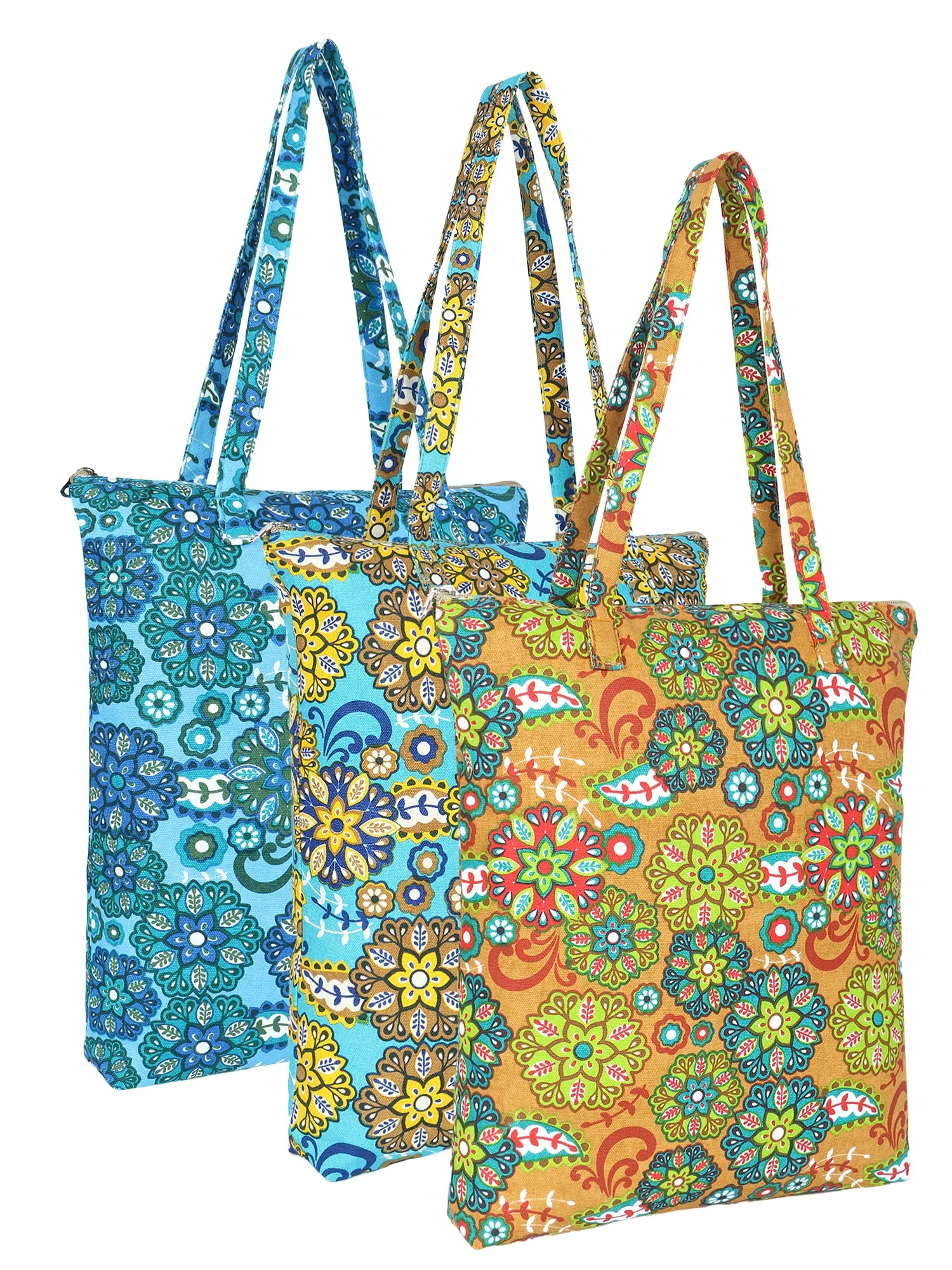 Eco-Friendly Multicolor Floral Printed Cotton Canvas Shopping Bags (Pack of 3)