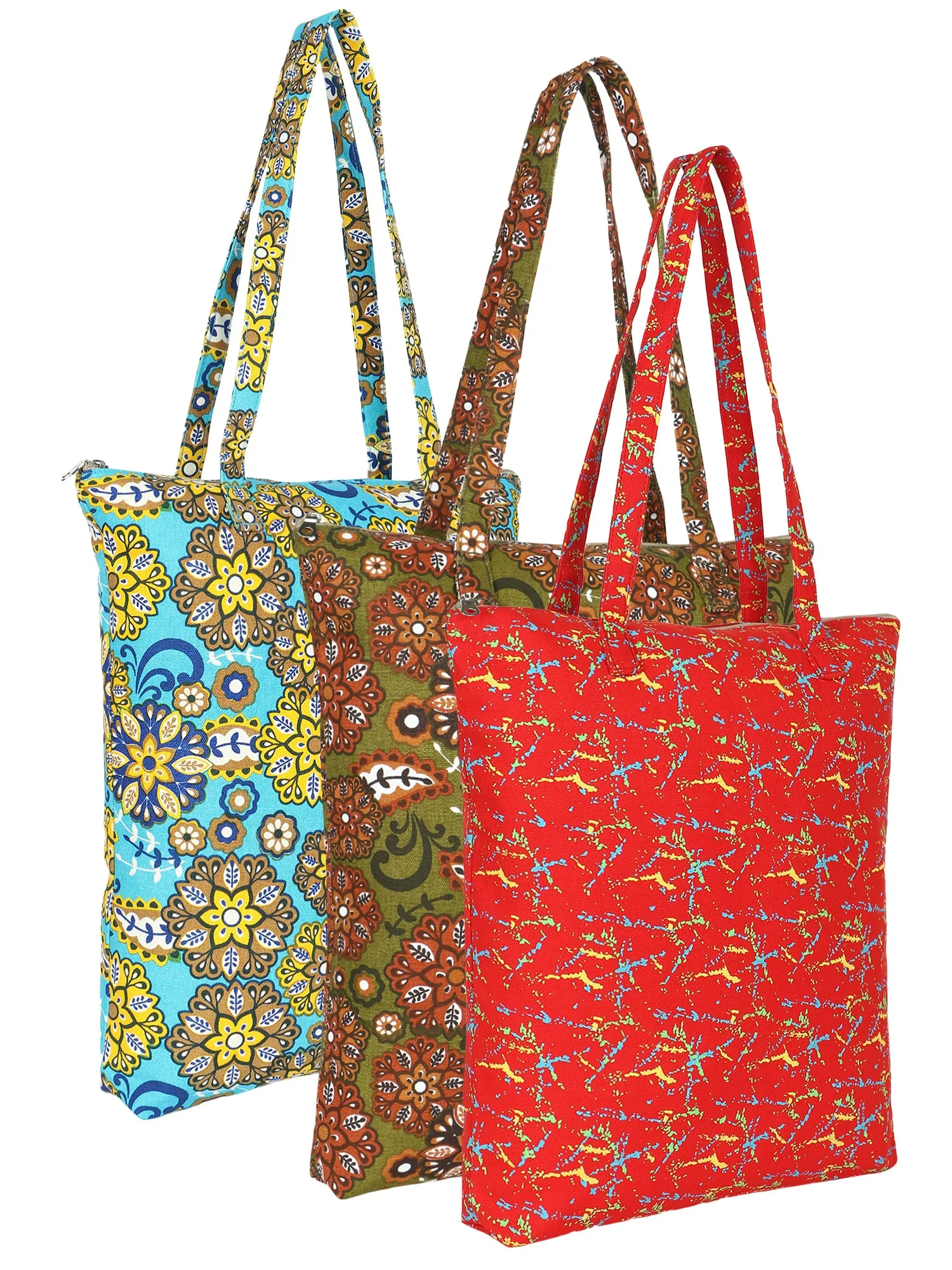 Eco-Friendly Multicolor Floral Printed Cotton Canvas Shopping Bags (Pack of 3)