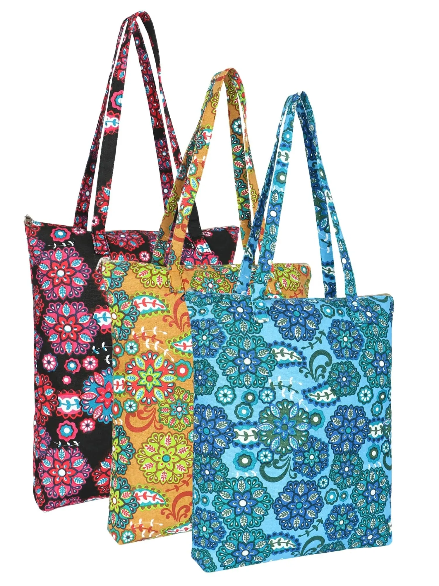 Eco-Friendly Multicolor Floral Printed Cotton Canvas Shopping Bags (Pack of 3)