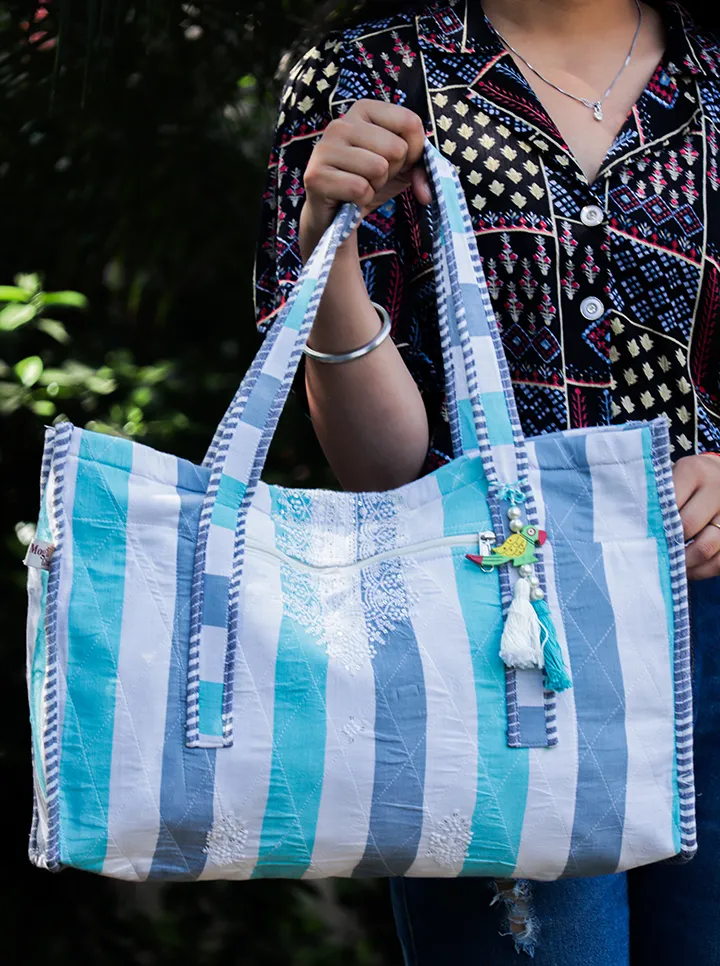 Eco Friendly Washable Tote Bag (Blue And White)