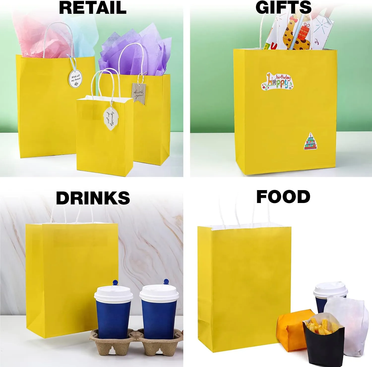 ECOptimize Kraft Paper Bags with Handles, 8" x 4" x 10.5" 120 PCS Yellow - Eco-Friendly & Recyclable Gift Bags from 100% Wood Pulp - High Tear Resistance & Load Capacity for Retail, Shopping