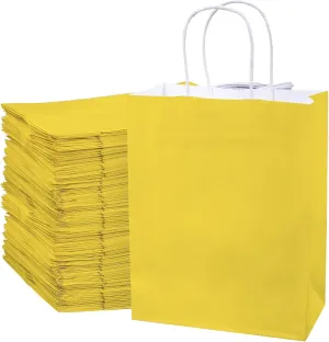 ECOptimize Kraft Paper Bags with Handles, 8" x 4" x 10.5" 120 PCS Yellow - Eco-Friendly & Recyclable Gift Bags from 100% Wood Pulp - High Tear Resistance & Load Capacity for Retail, Shopping