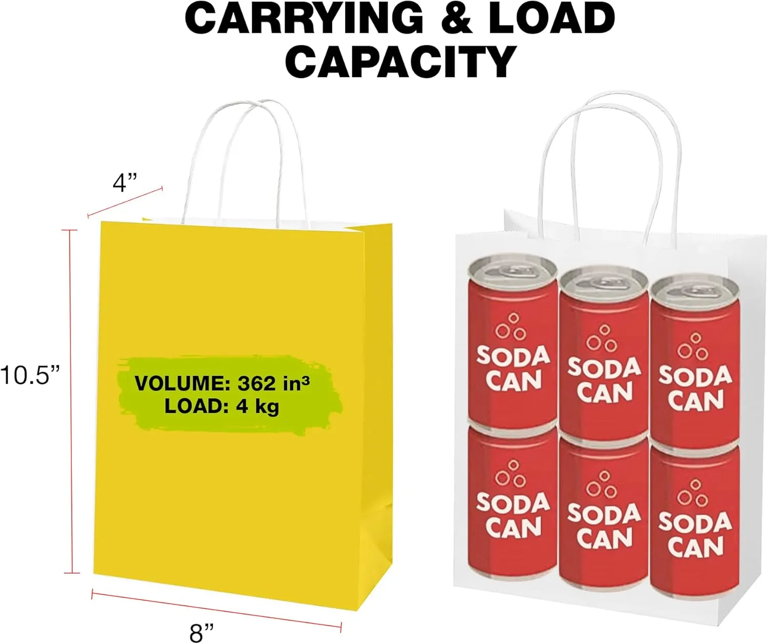 ECOptimize Kraft Paper Bags with Handles, 8" x 4" x 10.5" 120 PCS Yellow - Eco-Friendly & Recyclable Gift Bags from 100% Wood Pulp - High Tear Resistance & Load Capacity for Retail, Shopping