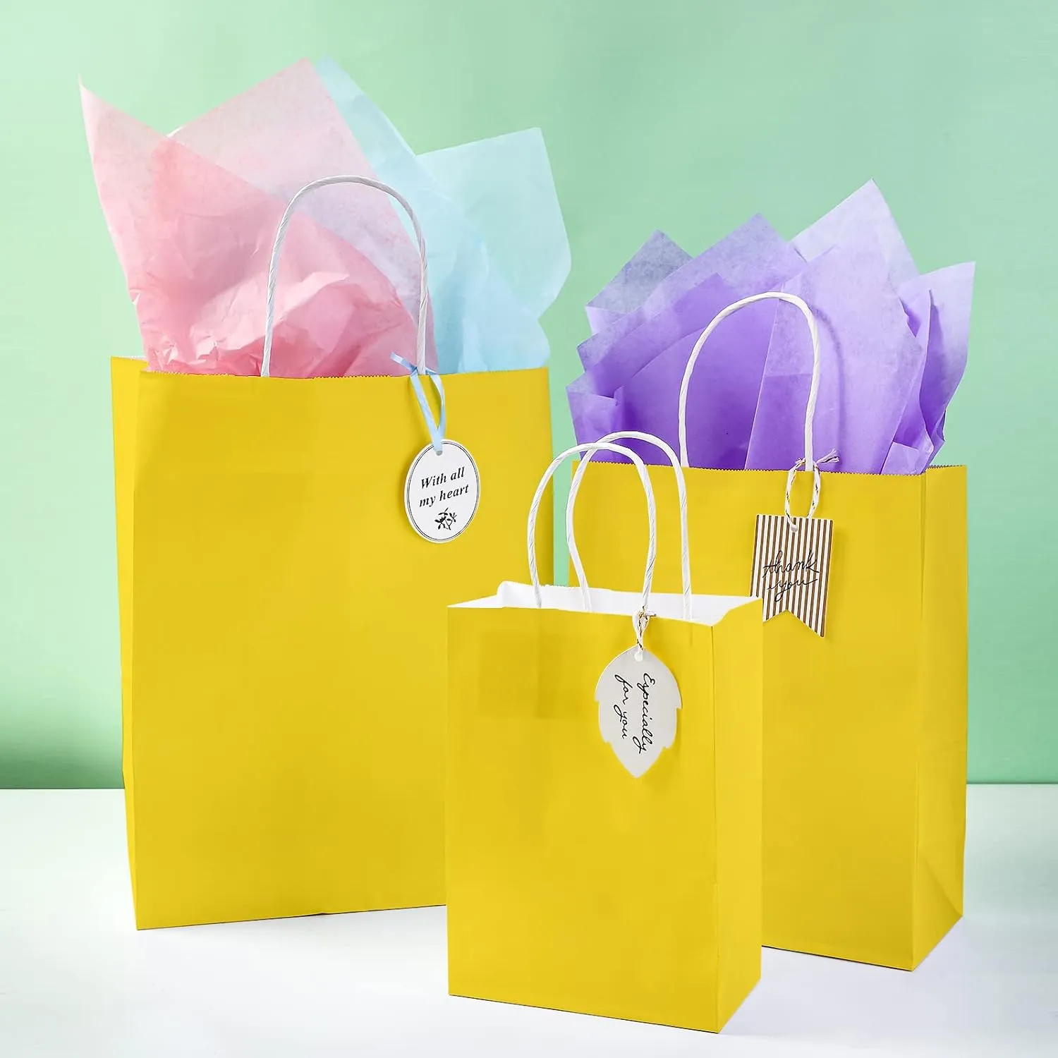 ECOptimize Kraft Paper Bags with Handles, 8" x 4" x 10.5" 120 PCS Yellow - Eco-Friendly & Recyclable Gift Bags from 100% Wood Pulp - High Tear Resistance & Load Capacity for Retail, Shopping