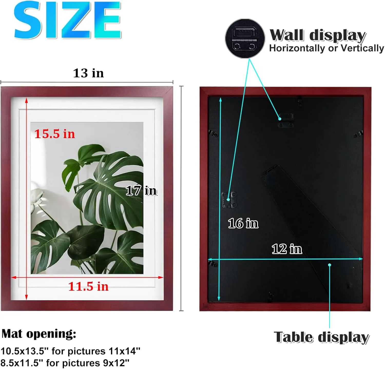 Egofine 12x16 Picture Frames with Plexiglass, Display Pictures 9x12/11x14 with Mat or 12x16 Without Mat for Tabletop and Wall Mounting, Cherry Red