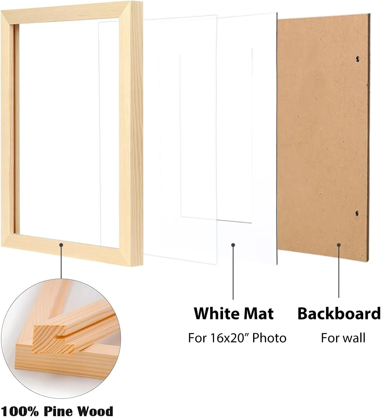 Egofine 18x24 Poster Frame Set of 2 Solid Wood Frame with Plexiglass Matted for 16x20 for Wall Mounting Hanging Picture Frame Vertically or Horizontally, Natural Wood