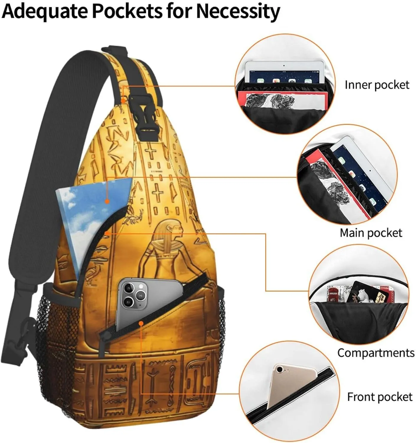 Egypt Hieroglyphics Print Men's Cross Chest Bag Diagonally, Cute Crossbody Shoulder Backpack, 7.5" L x 3.5" W x 15.3" H