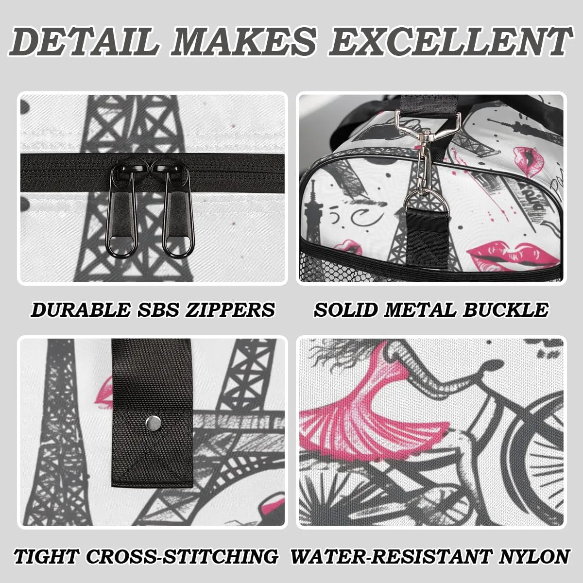 Eiffel Tower Travel Duffle Bag for Women Men Foldable Waterproof Weekender Bag Carry on Tote for Overnight Sports Gym Romantic Paris