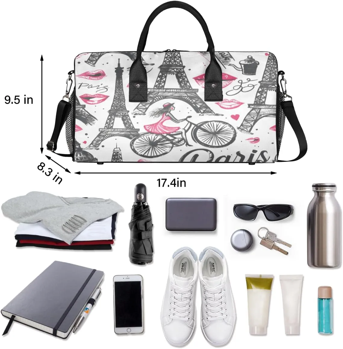 Eiffel Tower Travel Duffle Bag for Women Men Foldable Waterproof Weekender Bag Carry on Tote for Overnight Sports Gym Romantic Paris