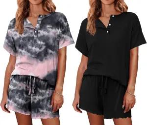 Ekouaer 2 Pack Womens Pajama Sets Short Sleeve Top with Shorts Soft Comfy Loungewear Sleepwear S-XXL