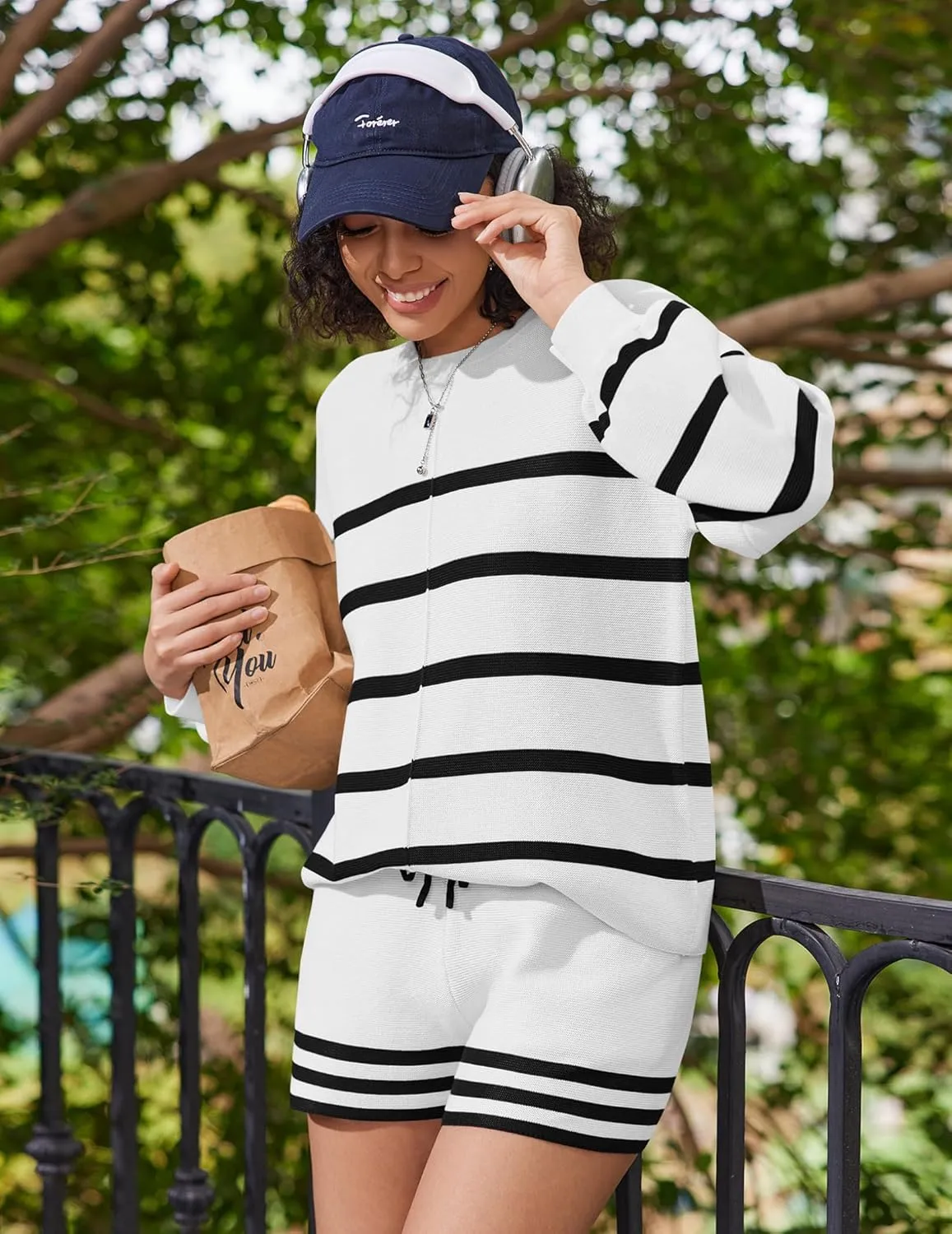 Ekouaer Womens 2 Piece Knit Sweatsuit Long Sleeve Tops and Shorts Pajamas Fashion Outfits Casual Lounge Set with Pockets