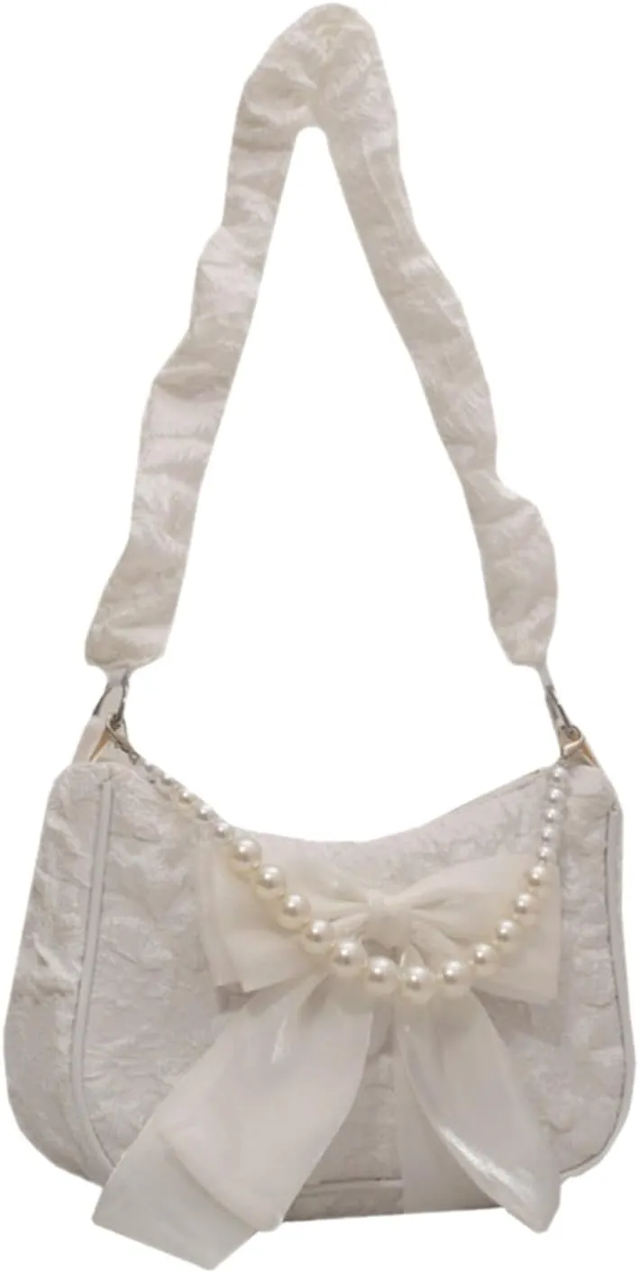 Elegant Lace Pleated Bag for Women Stylish Handbag with Bow Detailing Fashionable Nylon Shoulder Bag Female Purse