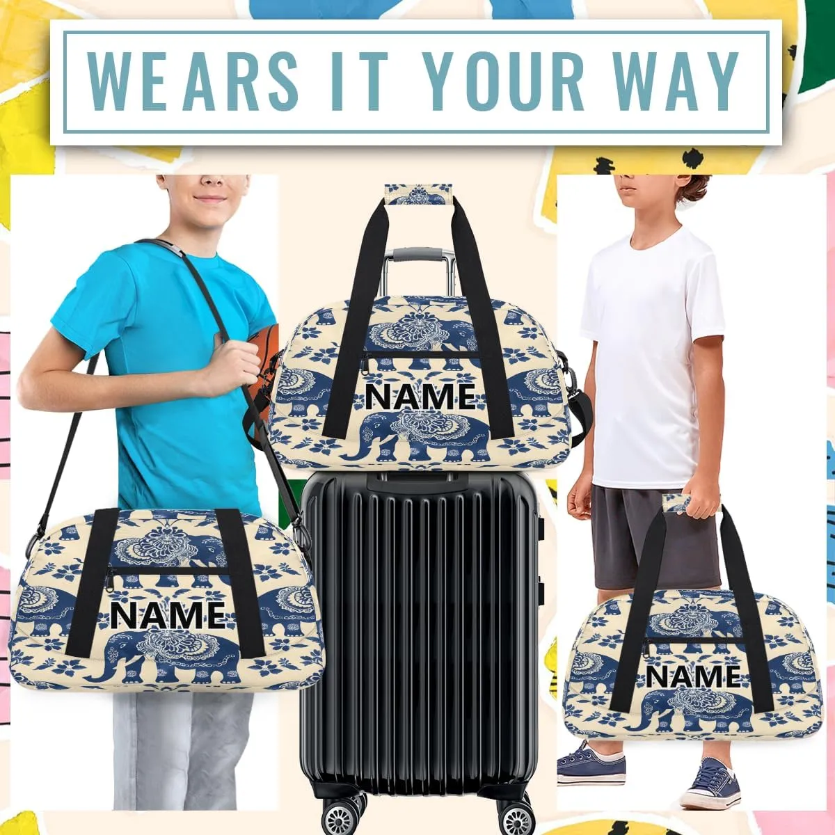 Elephant Mini Gym Bag 18 inch for Women Men Waterproof Custom Bohemian Travel Duffel Bag Carry On Overnight Tote Nurse Bag for Work Fitness Hiking