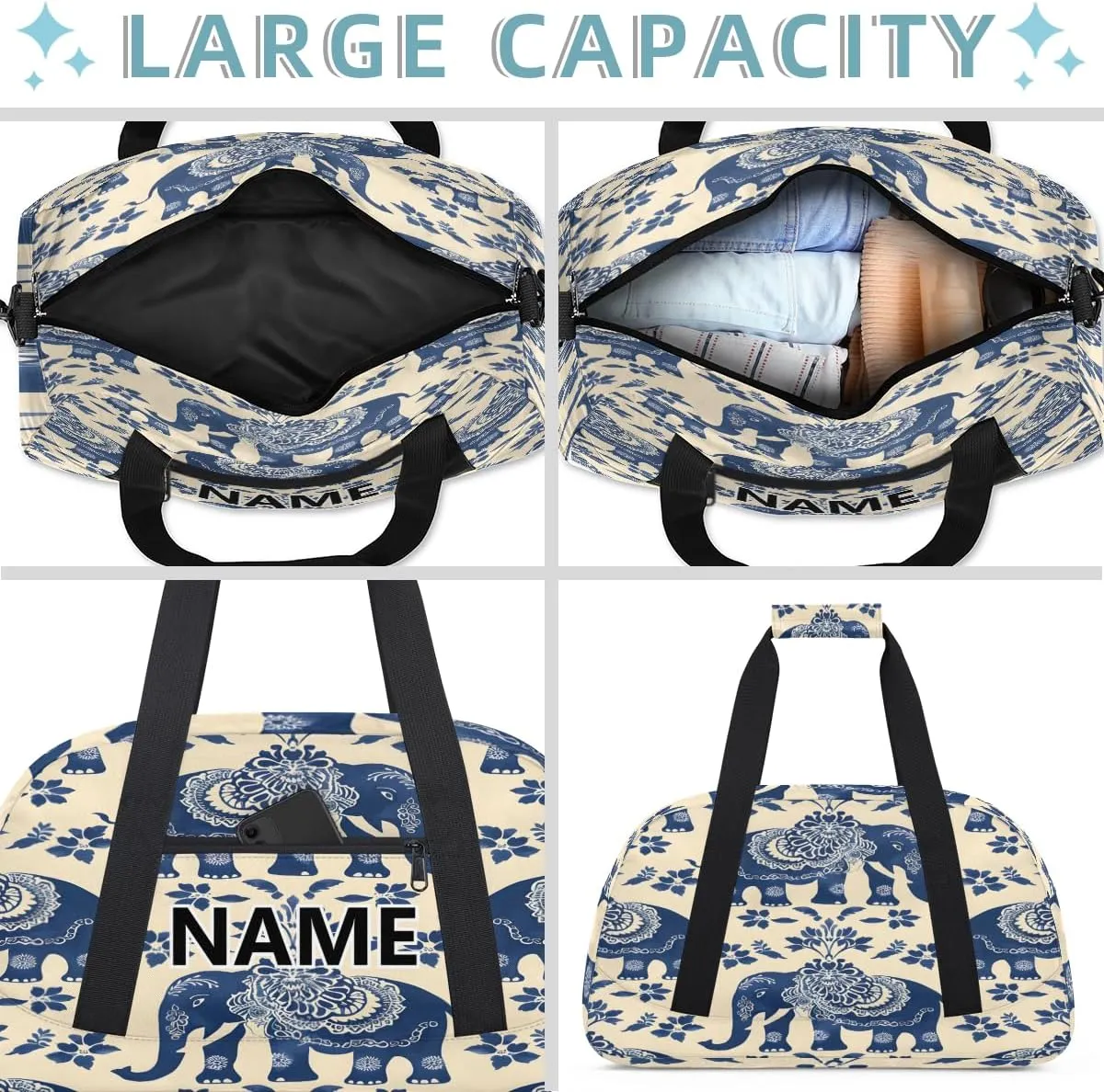 Elephant Mini Gym Bag 18 inch for Women Men Waterproof Custom Bohemian Travel Duffel Bag Carry On Overnight Tote Nurse Bag for Work Fitness Hiking