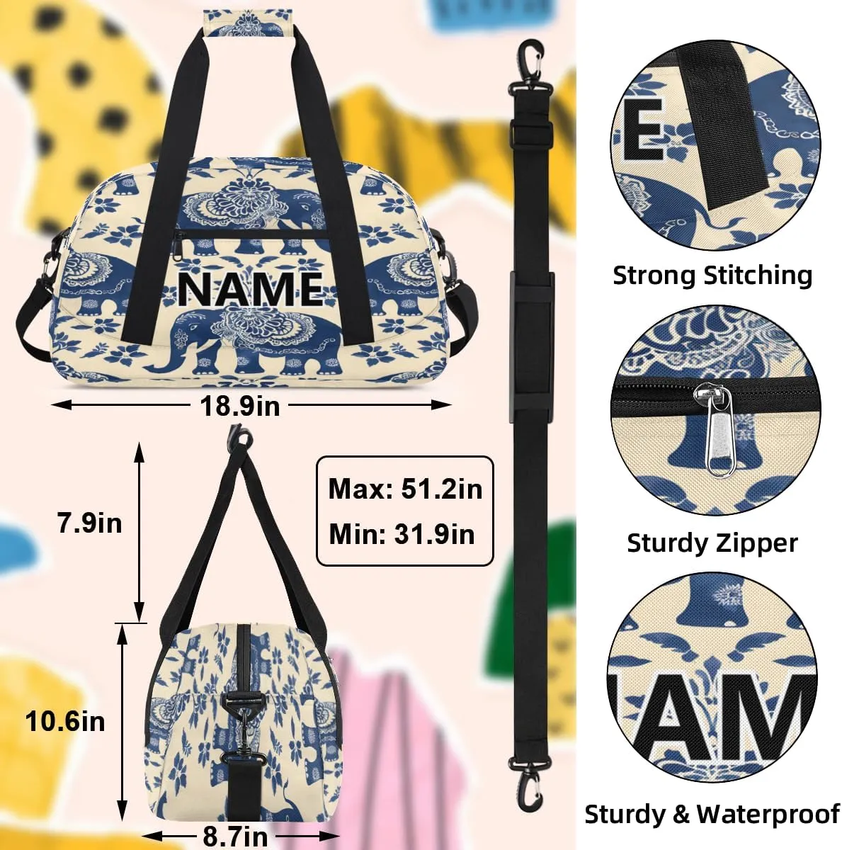 Elephant Mini Gym Bag 18 inch for Women Men Waterproof Custom Bohemian Travel Duffel Bag Carry On Overnight Tote Nurse Bag for Work Fitness Hiking