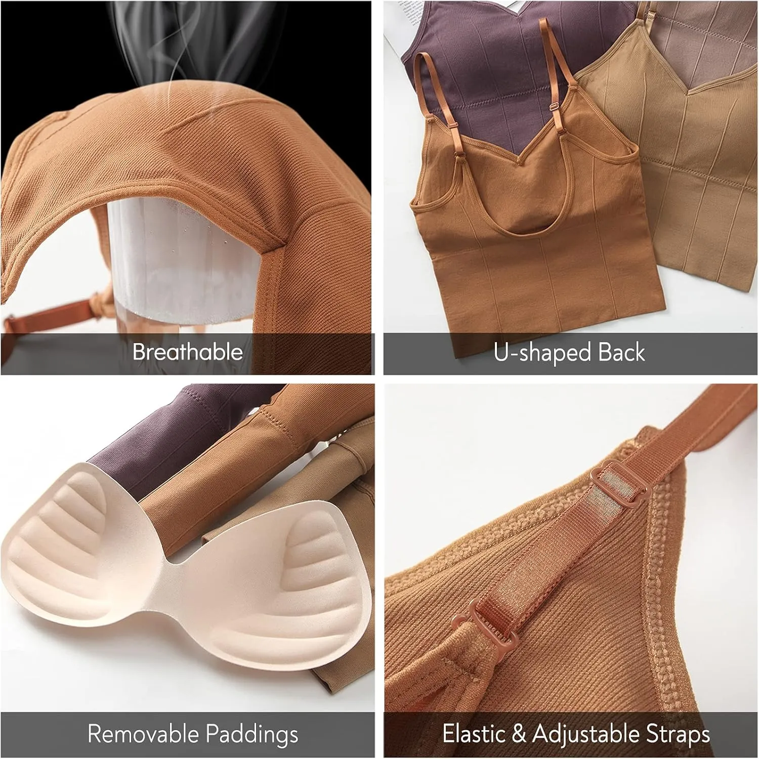 Eleplus 4 Pieces Comfy Cami Bra for Women Crop Top Yoga Bralette Longline Padded Lounge Bra Pack of 4
