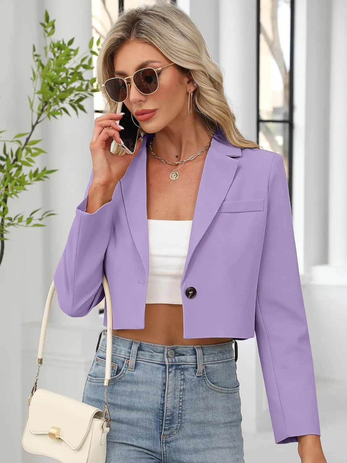ELLEVEN Women’s Cropped Blazer Business Casual Open Front Long Sleeve One Button Jacket