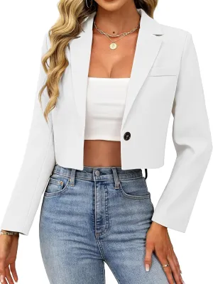 ELLEVEN Women’s Cropped Blazer Business Casual Open Front Long Sleeve One Button Jacket