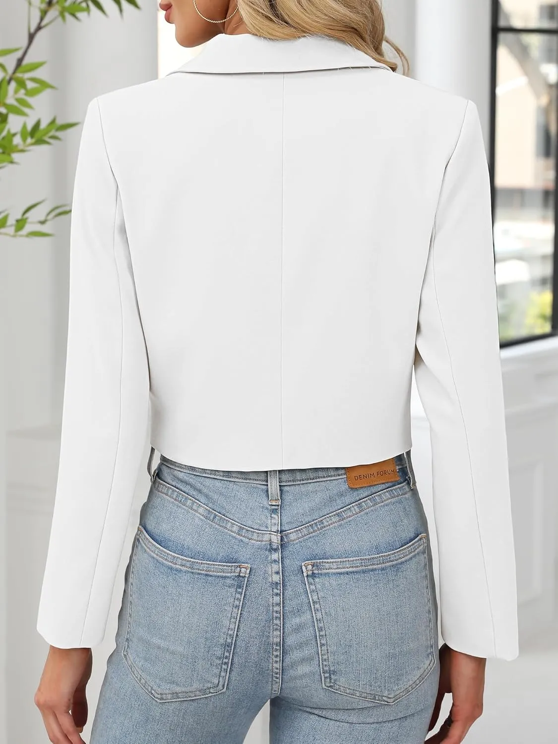 ELLEVEN Women’s Cropped Blazer Business Casual Open Front Long Sleeve One Button Jacket