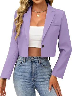 ELLEVEN Women’s Cropped Blazer Business Casual Open Front Long Sleeve One Button Jacket