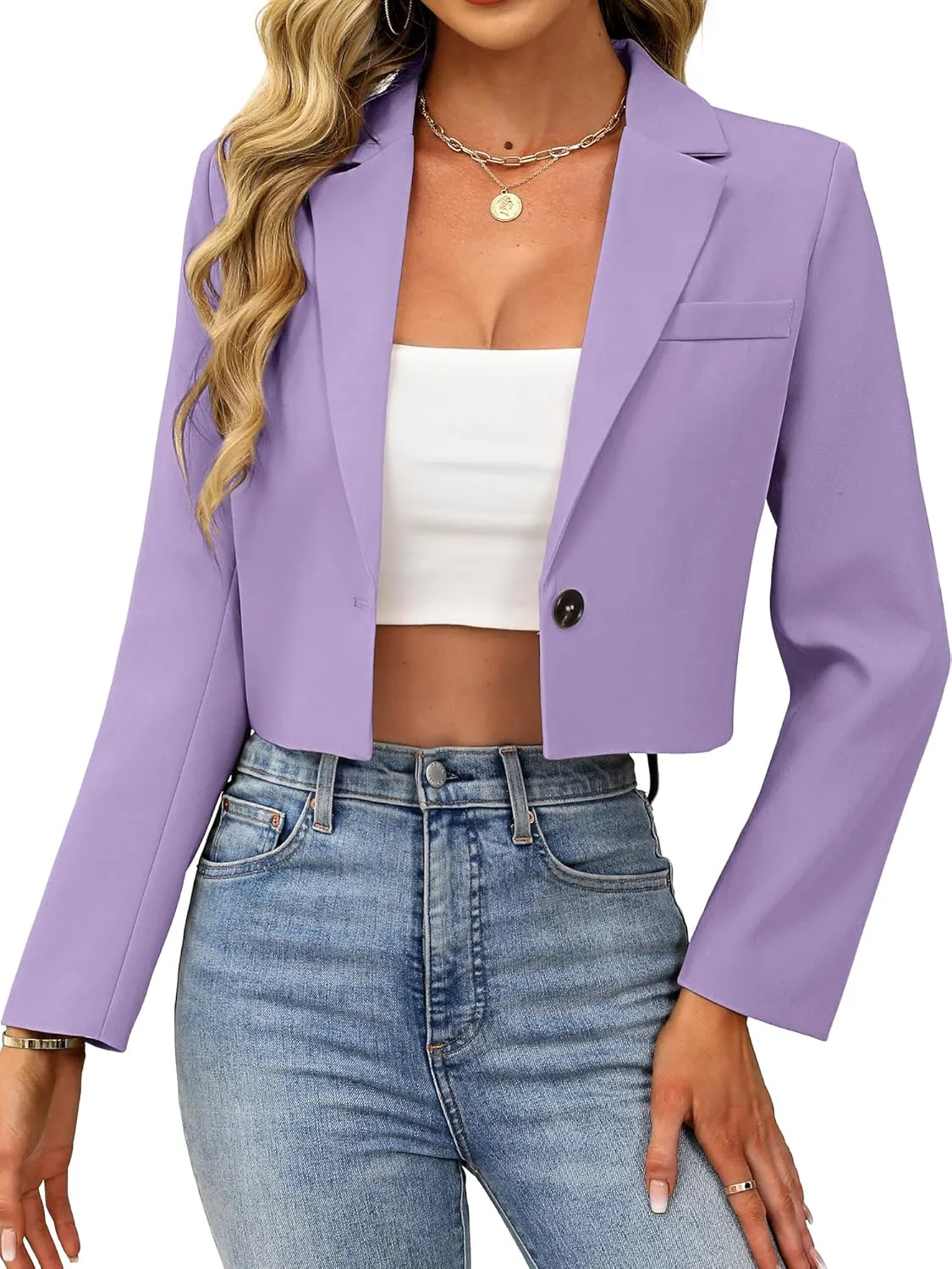 ELLEVEN Women’s Cropped Blazer Business Casual Open Front Long Sleeve One Button Jacket