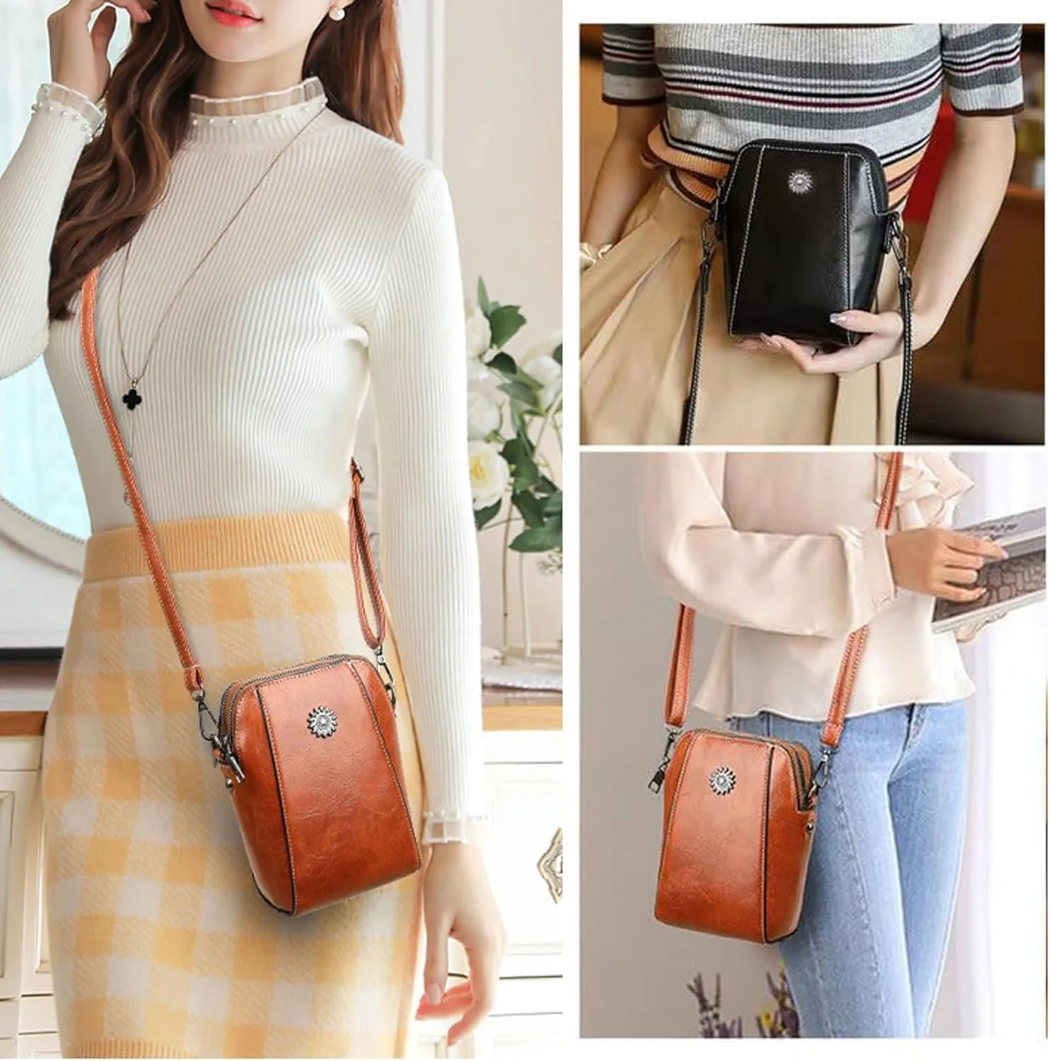 Elmyse Crossbody Bag Leather,Retro All-Match Vertical Cellphone Bag,Mini Shoulder cell phone Crossbody Bag for Women