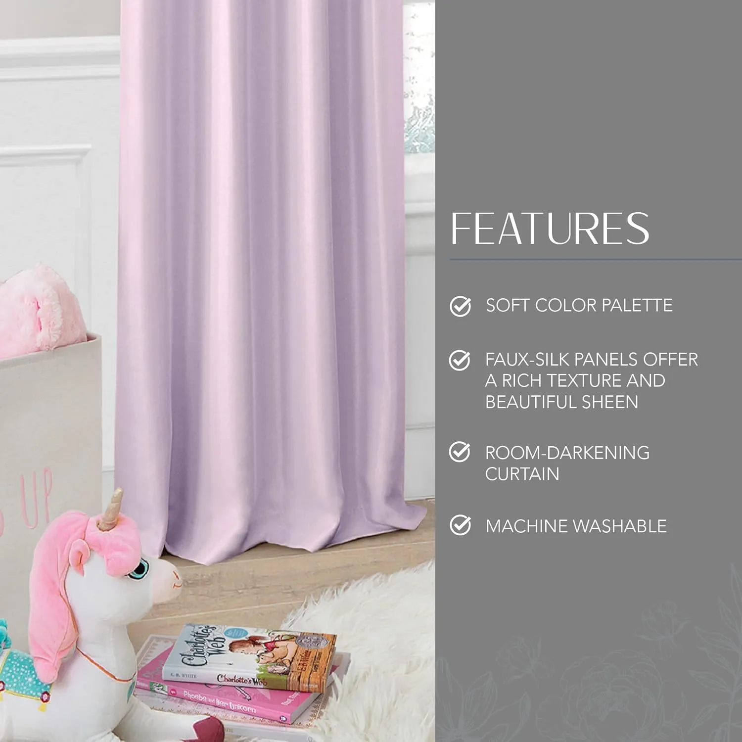 Elrene Home Fashions Adelaide Nursery and Kids Room Room-Darkening Window Curtain, Single Panel, 52 Inches x 63 Inches, Lavender